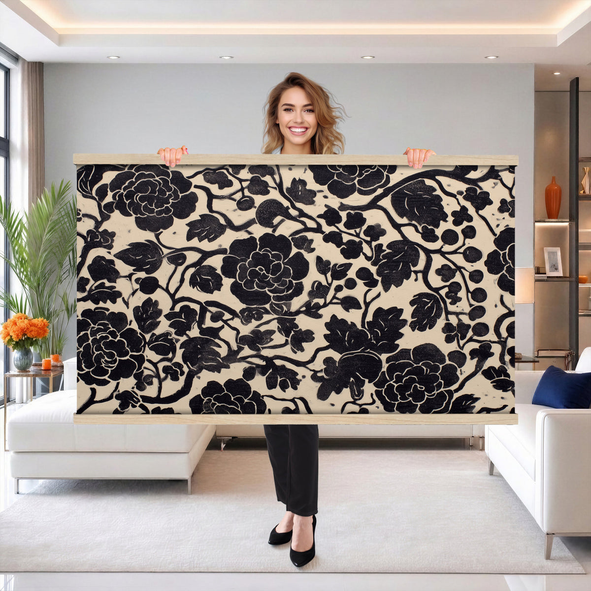 18660803-MGV-TP-30X20 - Chinoiserie ink block print tapestry wall hanging of "Chinoiserie Peony Panel", showing full peony blooms, curling stems and layered leaf work drawn in fine black line on a pale ground in deep black linework on a soft white ground. Extra large wall art, made in the USA.