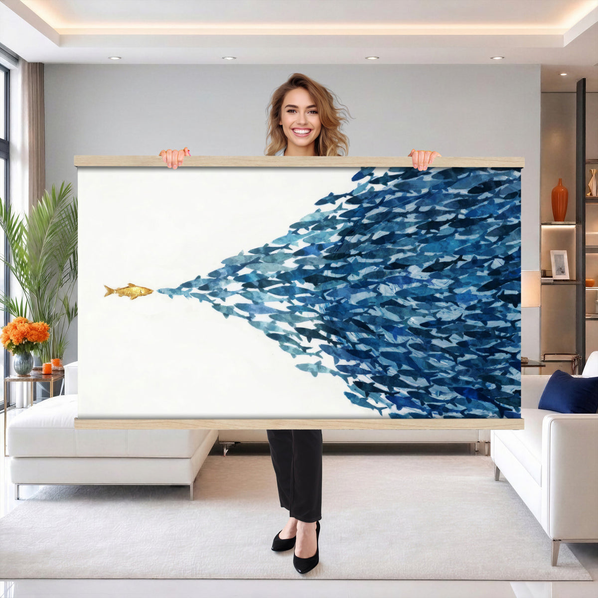 79089639TT-MGV-TP-30X20 - Abstract Blue Fish School Canvas Wall Art, Gold Foil Accent Marine Print