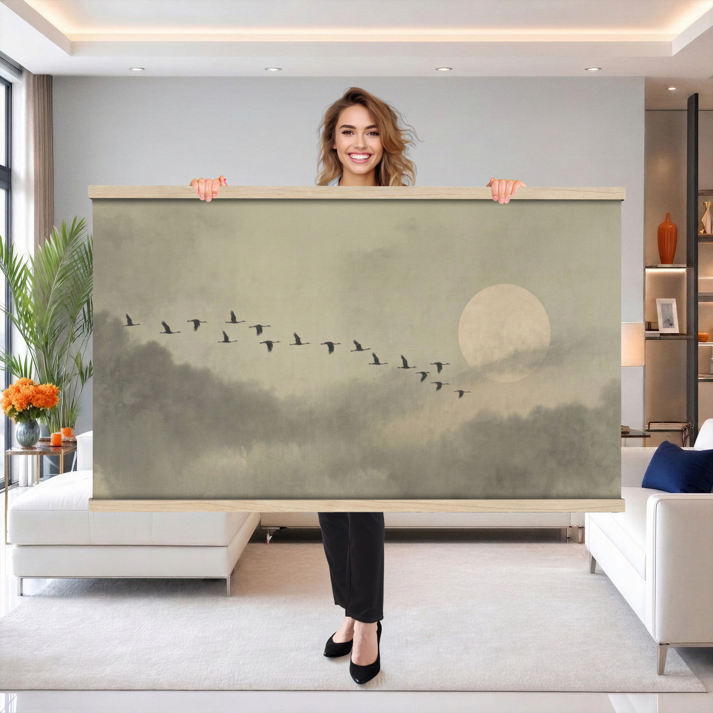 1209814BT-MGV-TP-30X20 - Flying Cranes Tapestry Wall Art, Misty Landscape with Moon, Sage Green Japandi Decor, Framed Print