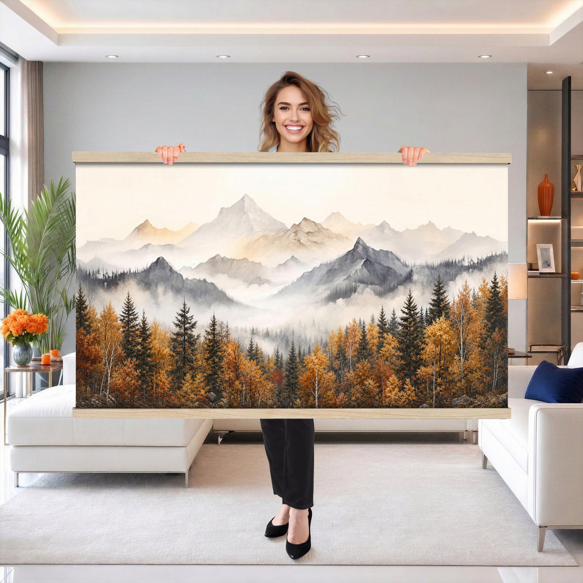 19544118-MGV-TP-30X20 - Misty Mountain Autumn Forest Canvas Wall Art - Watercolor Fall Nature Landscape Print
