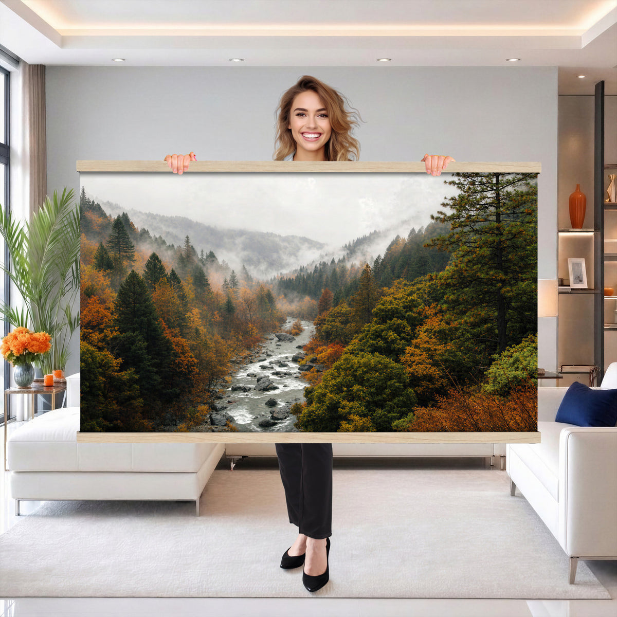 95540697-MGV-TP-30X20 - Misty River Mountain Valley Canvas Wall Art - Autumn Forest Landscape Nature Print