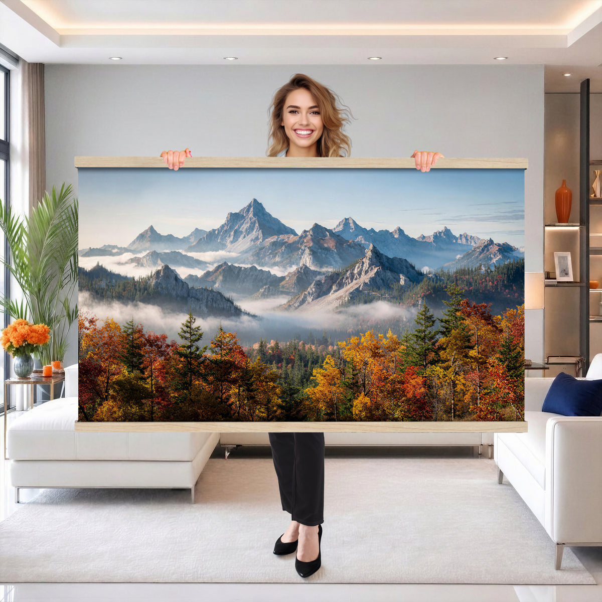 38847944-MGV-TP-30X20 - Majestic Mountain Peak Canvas Wall Art - Panoramic Autumn Forest Fog Landscape Print
