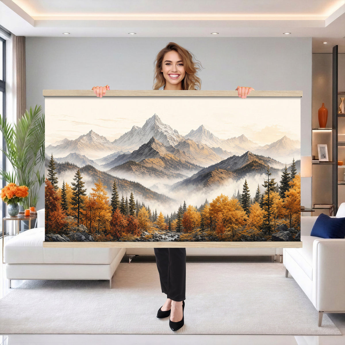 21309099-MGV-TP-30X20 - Extra Large Misty Mountain Autumn Forest Canvas Wall Art - Watercolor Fall Nature Landscape Print