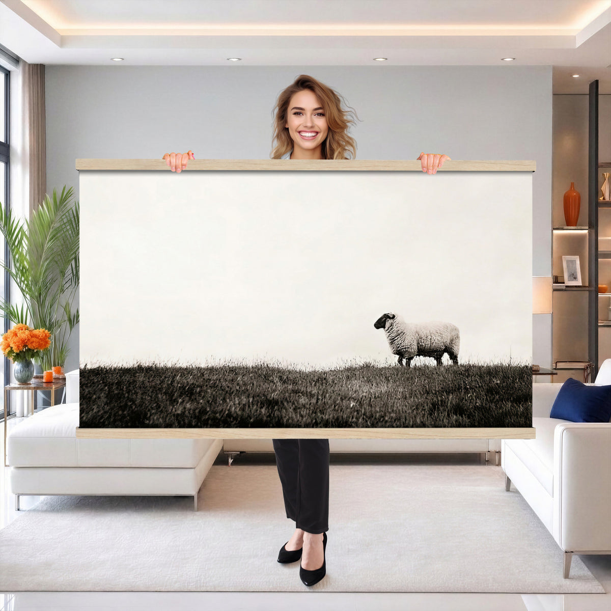 72749448-MGV-TP-30X20 - Minimalist Sepia Sheep Canvas Wall Art - Rustic Farmhouse Country Landscape Print
