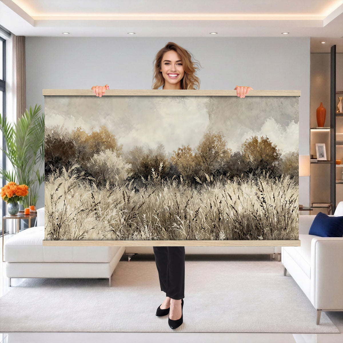 53959945-MGV-TP-30X20 - Muted Neutral Forest Landscape Canvas Wall Art - Vintage Rustic Wildflower Meadow Print
