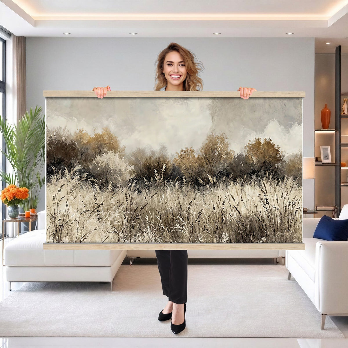 53959945-_Poster-30x20 - Muted Neutral Forest Landscape Canvas Wall Art - Vintage Rustic Wildflower Meadow Print