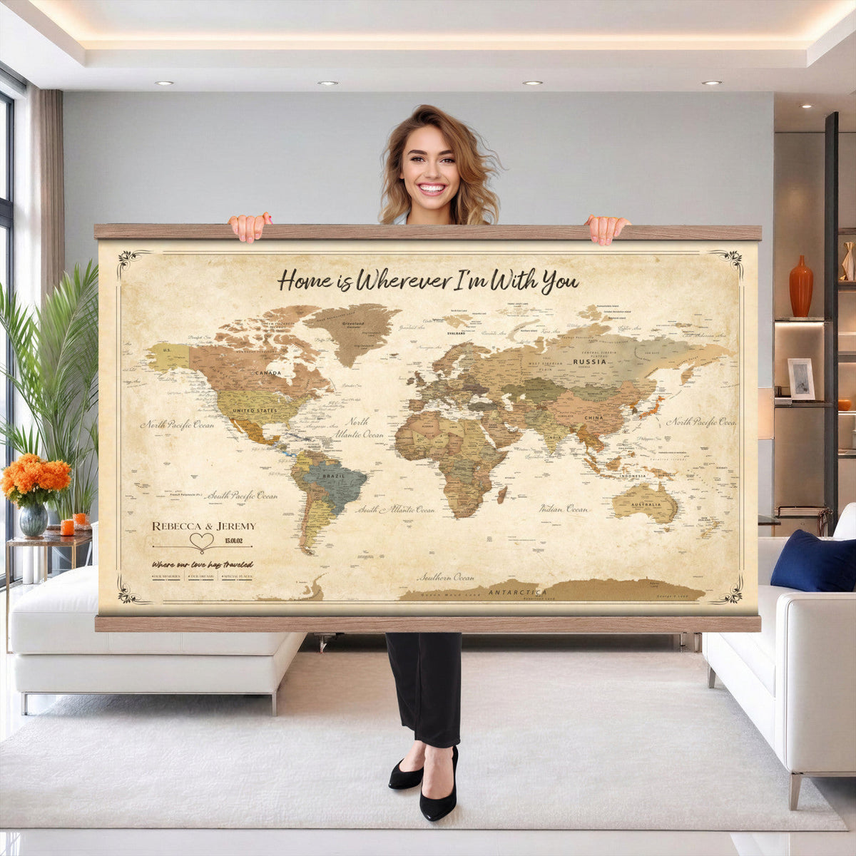 40086165-T-MGV-TP-30X20 - Framed Vintage Custom World Map Tapestry Print - Personalized Travel Map Wall Art Tapestry