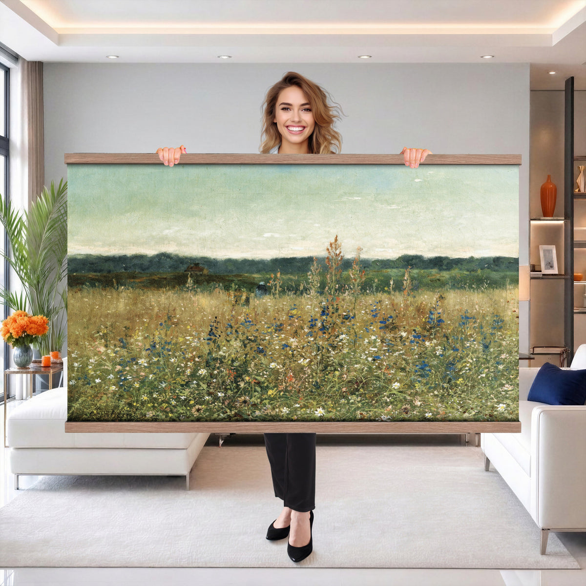 78325586-MGV-TP-30X20 - Realism oil painting tapestry wall hanging of "Champ fleuri" by Antoine Chintreuil, showing a wide flowering field running toward a low horizon, with soft scattered blooms and a pale open sky in soft white and green field tones under a pale luminous sky. Extra large wall art, made in the USA.