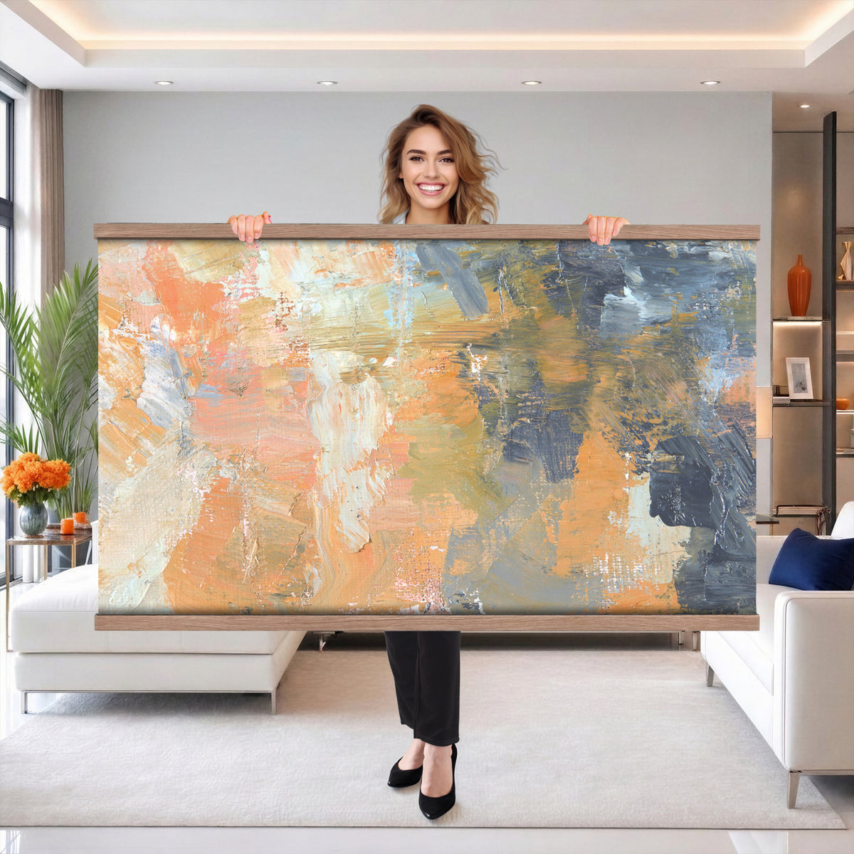 92754702-MGV-TP-30X20 - Cubism abstract oil painting tapestry wall hanging of "Abstract Landscape" by Nicolas de Stael, showing thick blocks of peach, grey, and cream laid side by side into a landscape that reads as pure shape and color in soft peach, warm grey, and cream color blocks. Extra large wall art, made in the USA.