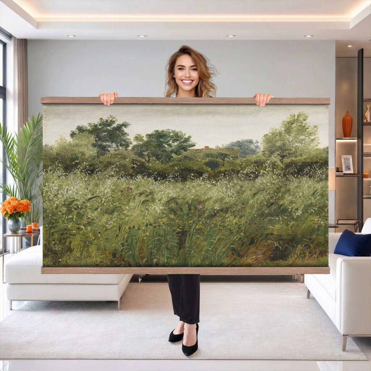 65790269-MGV-TP-30X20 - Realism oil painting tapestry wall hanging of "Field of Oats near Vejby" by Dankvart Dreyer, showing a ripe oat field bending in the breeze, with low farm buildings and a wide soft Danish sky beyond in warm golden oat tones with soft green edges under a pale wide sky. Extra large wall art, made in the USA.