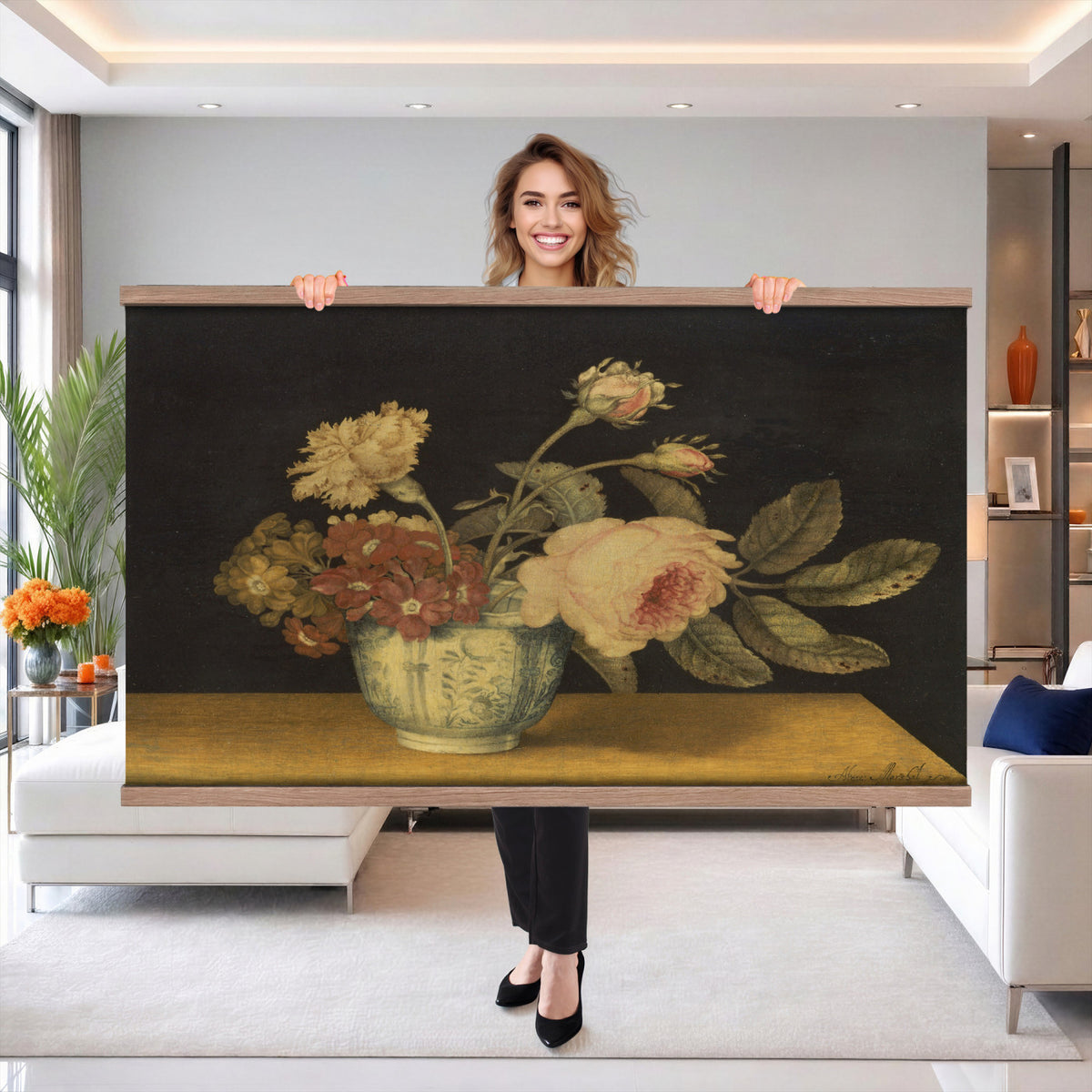41160341-MGV-TP-30X20 - Impressionism oil painting tapestry wall hanging of "Golden Roses" by Olga Boznanska, showing a loose bunch of golden yellow roses in a glass vase, painted with soft dissolving edges against a warm ground in warm golden-yellow rose petals against a soft muted brown background. Extra large wall art, made in the USA.