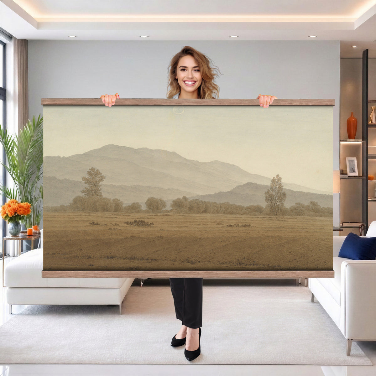 65089395-MGV-TP-30X20 - Realism oil study tapestry wall hanging of "Landscape Study at Grez-sur-Loing" by Frans Van Leemputten, showing an open field study at Grez-sur-Loing, with loose brushwork across low crops, hedgerows, and a soft French sky in soft field greens and warm earth tones under a pale washed sky. Extra large wall art, made in the USA.