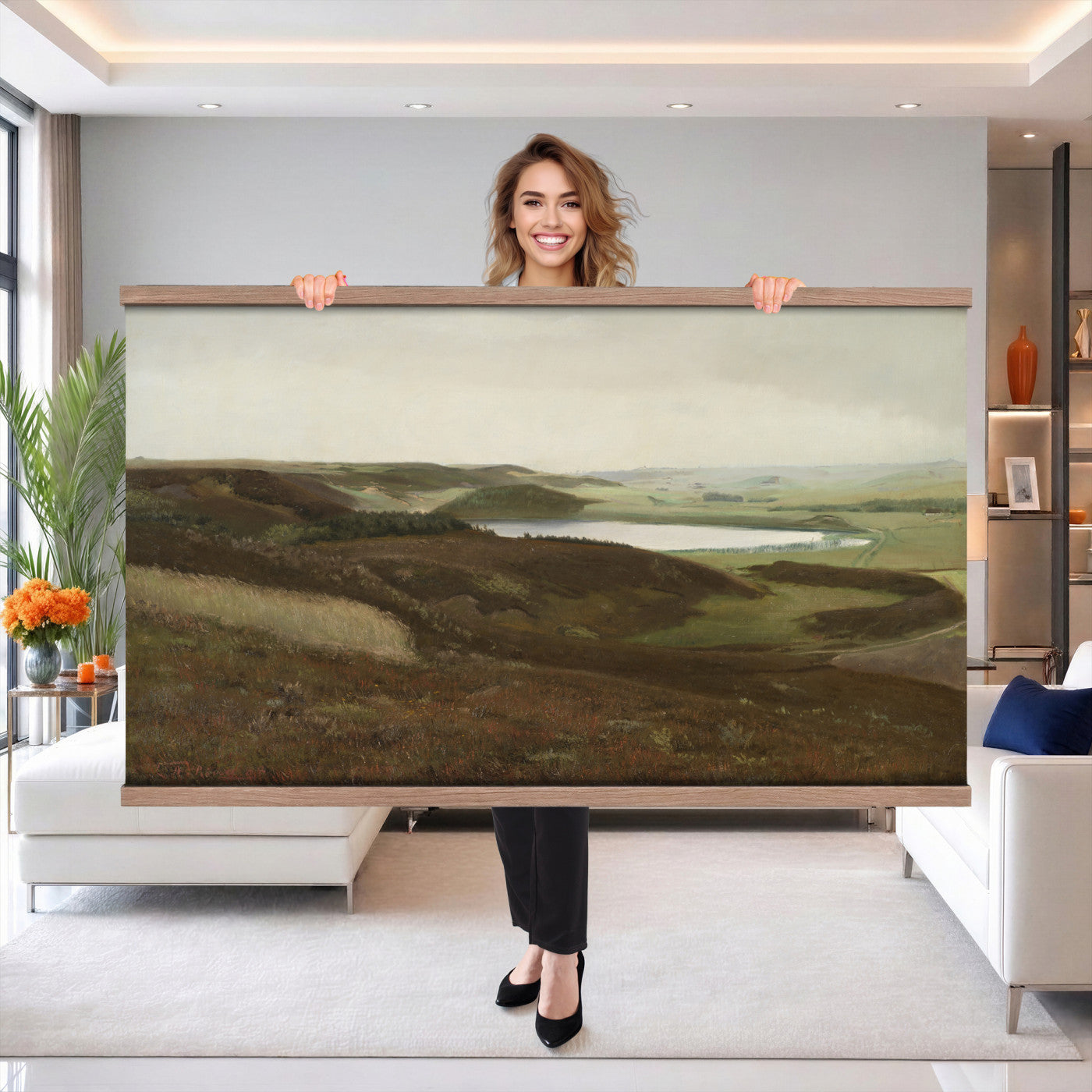 13706816-MGV-TP-30X20 - Expressionism oil painting tapestry wall hanging of "Dunes" by James Ensor, showing a steep dune ridge cutting across the canvas, with wind-bent grasses and a heavy sky pressing down behind it in muted sand and olive dune tones under a dark weighted sky. Extra large wall art, made in the USA.