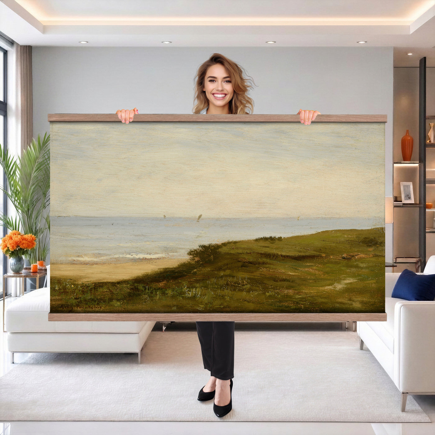 33440930-MGV-TP-30X20 - Impressionism oil painting tapestry wall hanging of "Beach Dunes" by Max Clarenbach, showing low rolling sand dunes topped with pale beach grass, opening toward a quiet sea under a wide soft sky in pale sand tones and dune grass under a wide soft blue-grey sky. Extra large wall art, made in the USA.