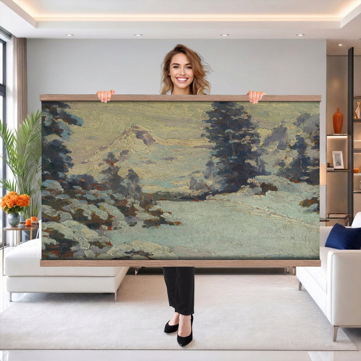 66869729-MGV-TP-30X20 - Realism oil painting tapestry wall hanging of "An Evening in March" by Charlotte Wahlstrom, showing bare late-winter trees along a still river, patches of melting snow, and a low golden evening light on the horizon in cool blue snow shadows against a warm amber sunset sky. Extra large wall art, made in the USA.