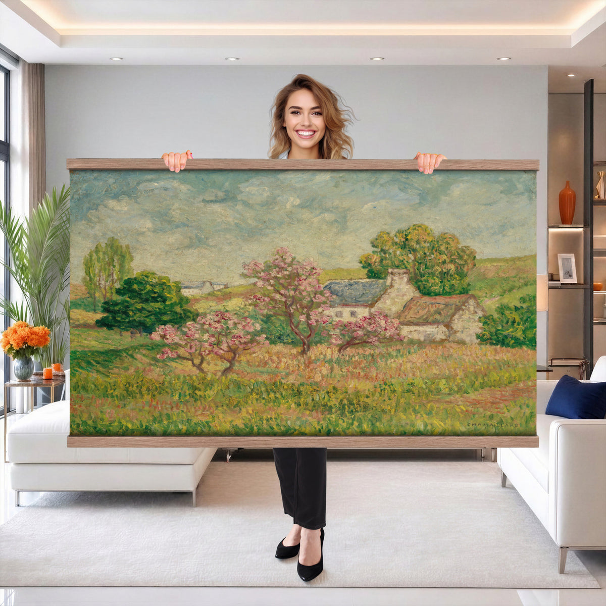 67494912-MGV-TP-30X20 - Post Impressionism oil painting tapestry wall hanging of "Spring" by Ernest de Chamaillard, showing a stone Breton cottage behind a blossoming tree in full pink bloom, with a bright spring garden around it in soft pink blossoms against grey stone walls and new spring green. Extra large wall art, made in the USA.