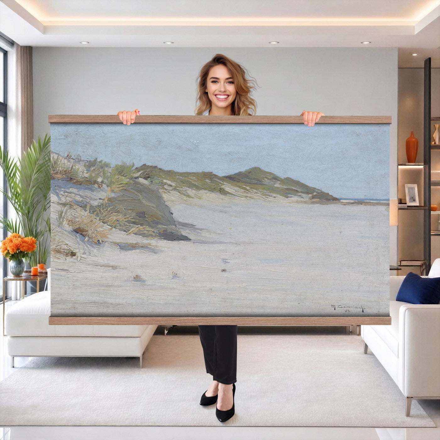 74023087-MGV-TP-30X20 - Impressionism oil painting tapestry wall hanging of "Beach Dunes" by Max Clarenbach, showing low rolling sand dunes topped with pale beach grass, opening toward a quiet sea under a wide soft sky in pale sand tones and dune grass under a wide soft blue-grey sky. Extra large wall art, made in the USA.