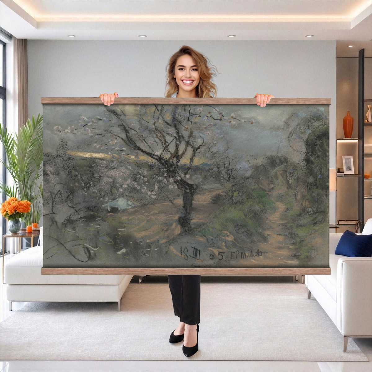 39102913-MGV-TP-30X20 - Realism charcoal and pastel sketch tapestry wall hanging of "Fields with Trees in Blossom" by Francesco Paolo Michetti, showing a dark country road running between blossoming trees, drawn in heavy charcoal under a low stormy sky in deep charcoal greys and blacks with pale blossom highlights. Extra large wall art, made in the USA.