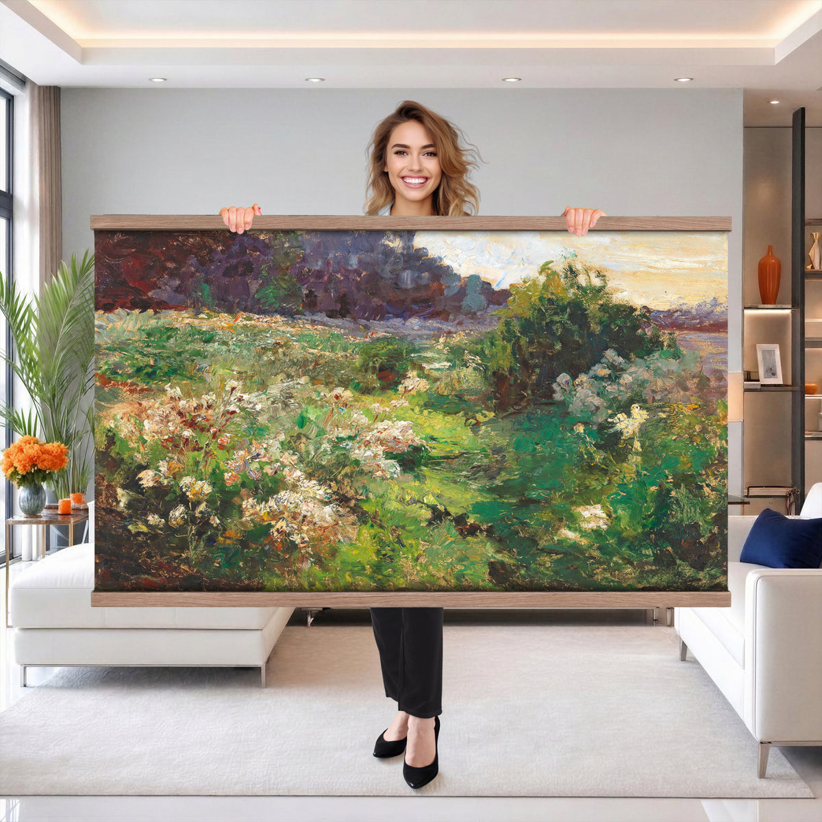44961601-MGV-TP-30X20 - Impressionism oil painting tapestry wall hanging of "Flowering Meadow" by Olga Wisinger-Florian, showing a bright meadow of white wildflowers and green bushes rising toward a shaded purple hillside in white wildflowers and green bushes under a purple forest hillside. Extra large wall art, made in the USA.
