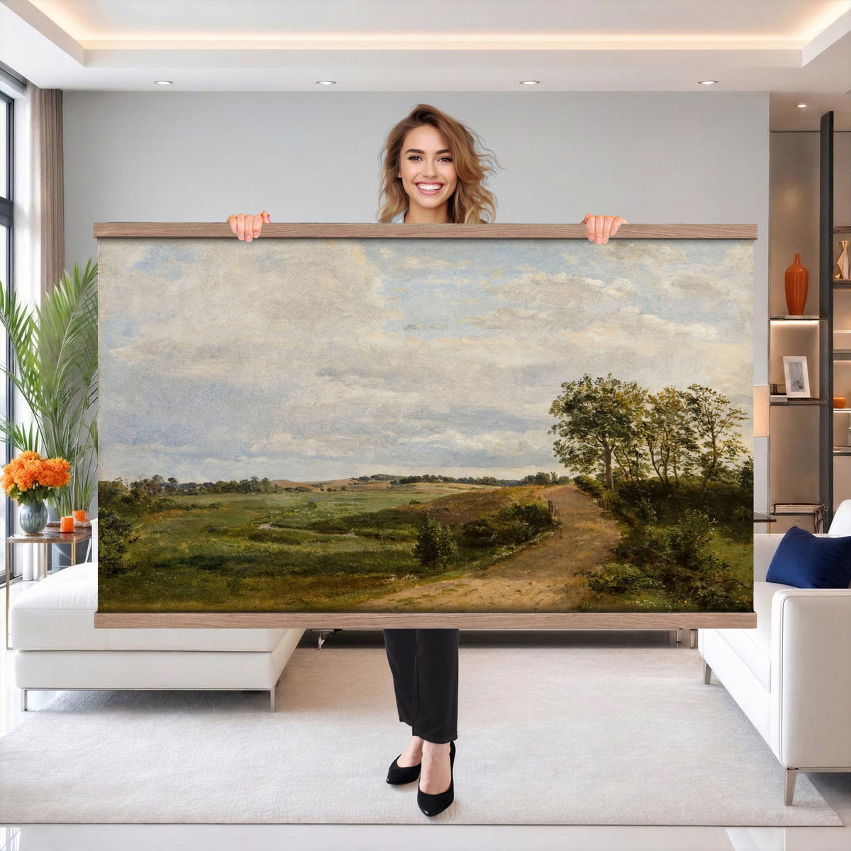 53363268-MGV-TP-30X20 - Realism oil study tapestry wall hanging of "Road across the Hills, Study" by Dankvart Dreyer, showing a bare country road climbing across open hills, with low scrub, worn ruts, and a wide Danish sky above in warm sandy road tones and dry hill greens under a pale wide sky. Extra large wall art, made in the USA.