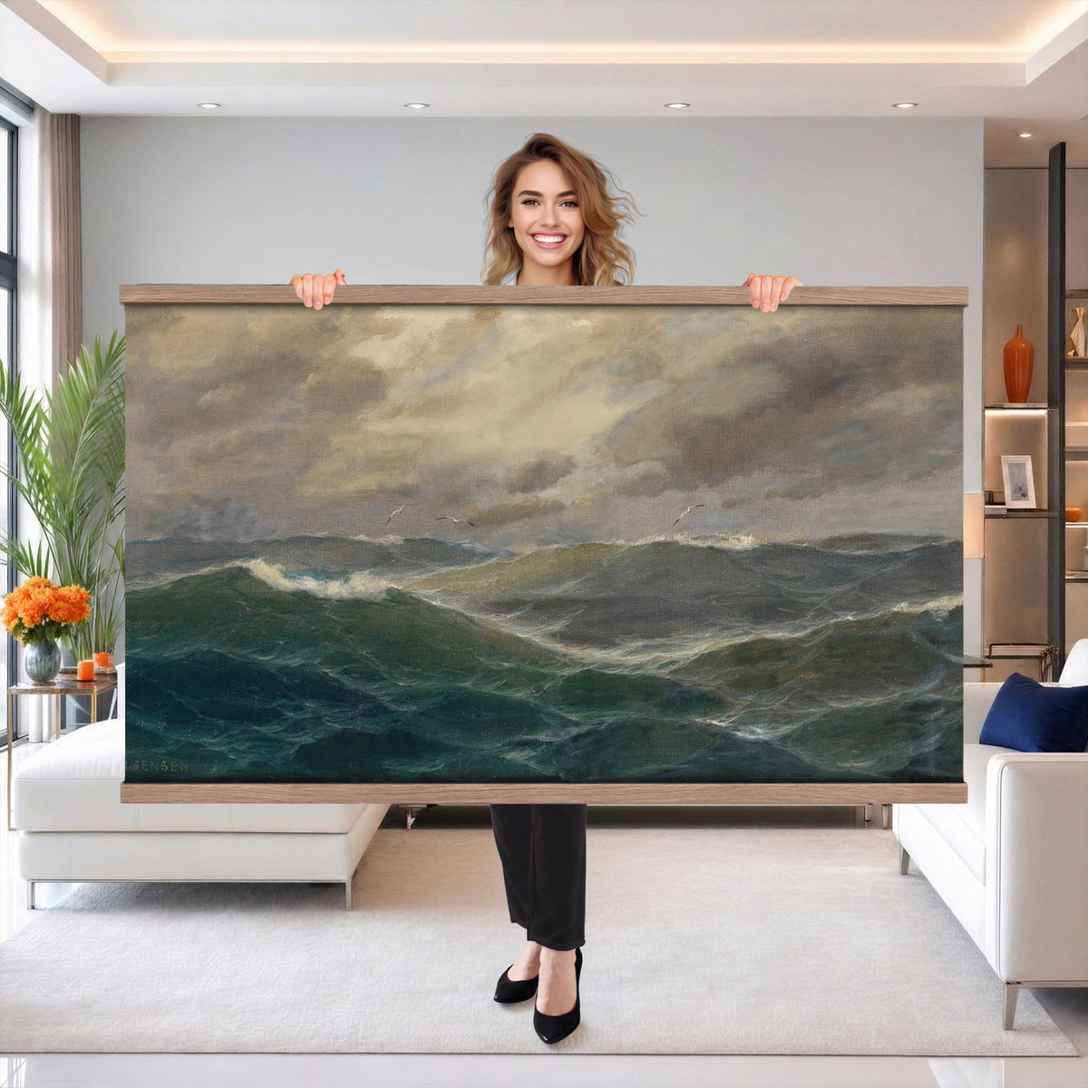 93539190-MGV-TP-30X20 - Realism oil painting tapestry wall hanging of "Stormy Sea" by Alfred Jensen, showing heavy breaking waves rolling under a dark storm sky, with white foam catching the last light on the water in deep grey-green waves with white foam under a heavy storm sky. Extra large wall art, made in the USA.