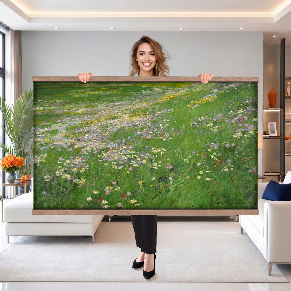 63535040-MGV-TP-30X20 - Impressionism oil painting tapestry wall hanging of "Wildflower Meadow", showing a wide meadow of daisies and summer wildflowers, painted in quick color strokes under warm open light in white daisies and yellow blooms across fresh green grass. Extra large wall art, made in the USA.