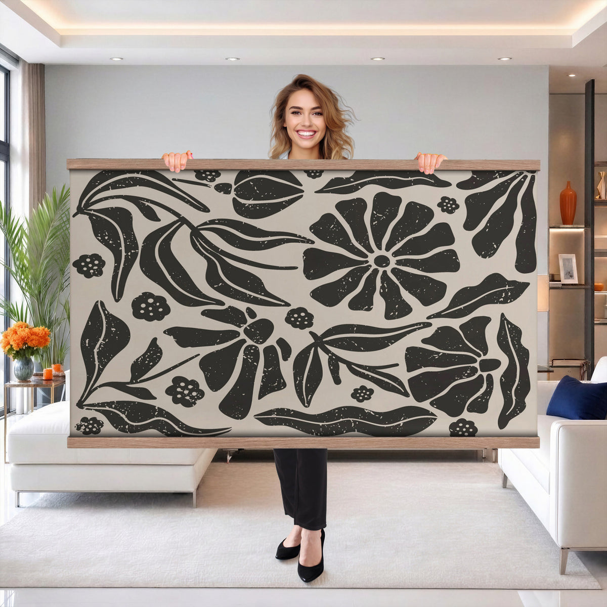 21342917-MGV-TP-30X20 - Mid Century Modern linocut print tapestry wall hanging of "Abstract Floral Linocut", showing simplified flower heads and stems cut into bold black shapes against clean white space in bold black shapes on a bright white ground. Extra large wall art, made in the USA.