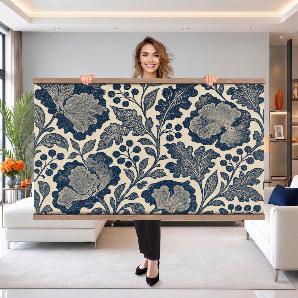 97130377-MGV-TP-30X20 - Art Nouveau pattern design tapestry wall hanging of "Indigo Botanical Pattern" by William Morris, showing trailing indigo stems, open blossoms and curling leaves repeating across the full width in deep indigo and cobalt blue with soft cream linework. Extra large wall art, made in the USA.