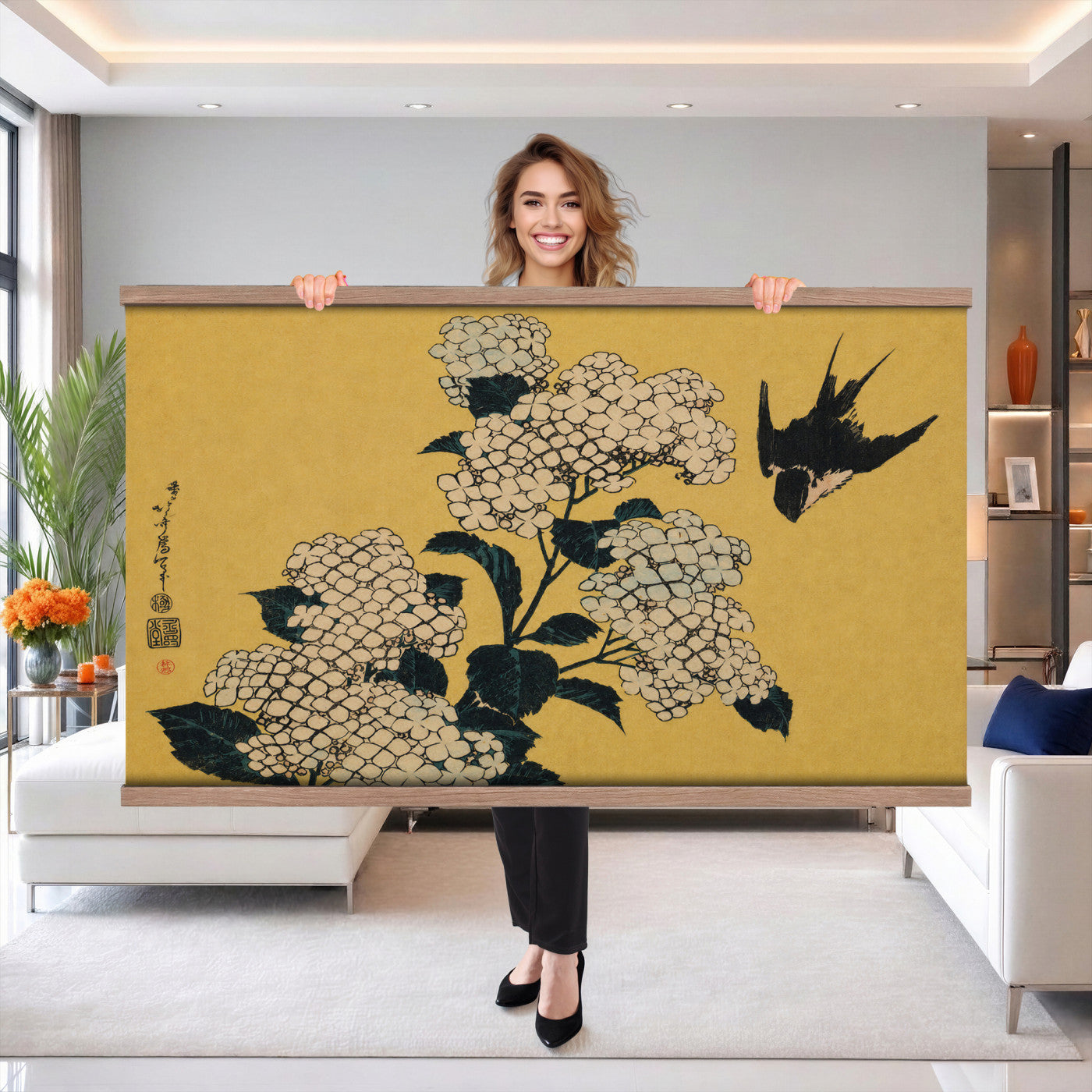 24787197-MGV-TP-30X20 - Ukiyo-e woodblock print tapestry wall hanging of "Hydrangea and Swallow" by Katsushika Hokusai, showing a swallow in flight above a full hydrangea head, drawn with the precise line of Japanese woodblock in soft blue hydrangea blooms with warm gold ground. Extra large wall art, made in the USA.