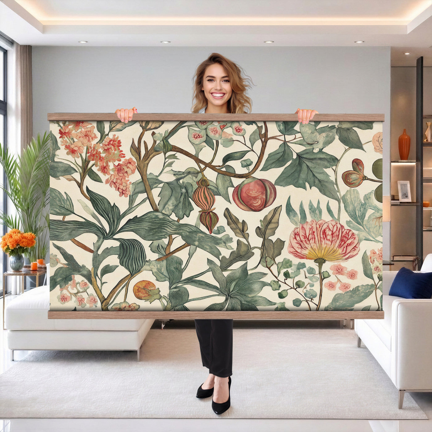67322868-MGV-TP-30X20 - Art Nouveau pattern design tapestry wall hanging of "Pomegranate Botanical Pattern" by William Morris, showing a repeating weave of pomegranates, open blossoms and curling acanthus leaves in perfect balance in warm ruby fruit and deep green foliage on a cream ground. Extra large wall art, made in the USA.