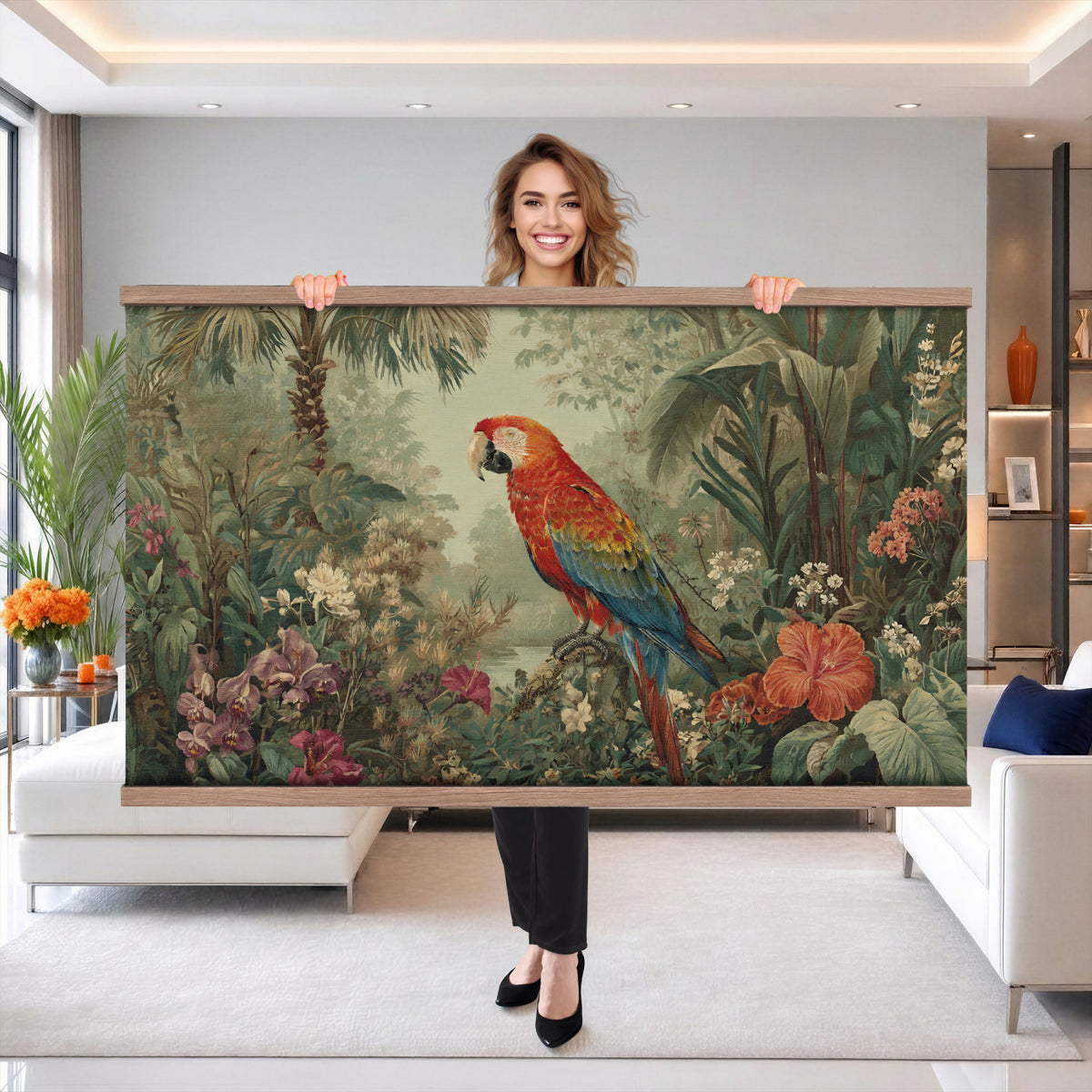 75232040-MGV-TP-30X20 - Botanical botanical illustration tapestry wall hanging of "Scarlet Macaw in the Jungle", showing a scarlet macaw perched among hibiscus flowers, palm leaves and thick rainforest growth in bright scarlet and gold plumage against deep jungle green. Extra large wall art, made in the USA.