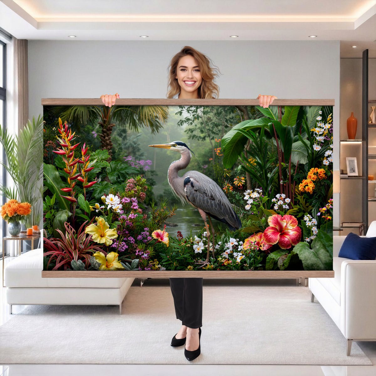 82504330-MGV-TP-30X20 - Botanical botanical illustration tapestry wall hanging of "Great Blue Heron in the Jungle", showing a great blue heron standing among hibiscus blooms, palm fronds and dense tropical foliage in deep jungle greens with red hibiscus and soft blue heron plumage. Extra large wall art, made in the USA.