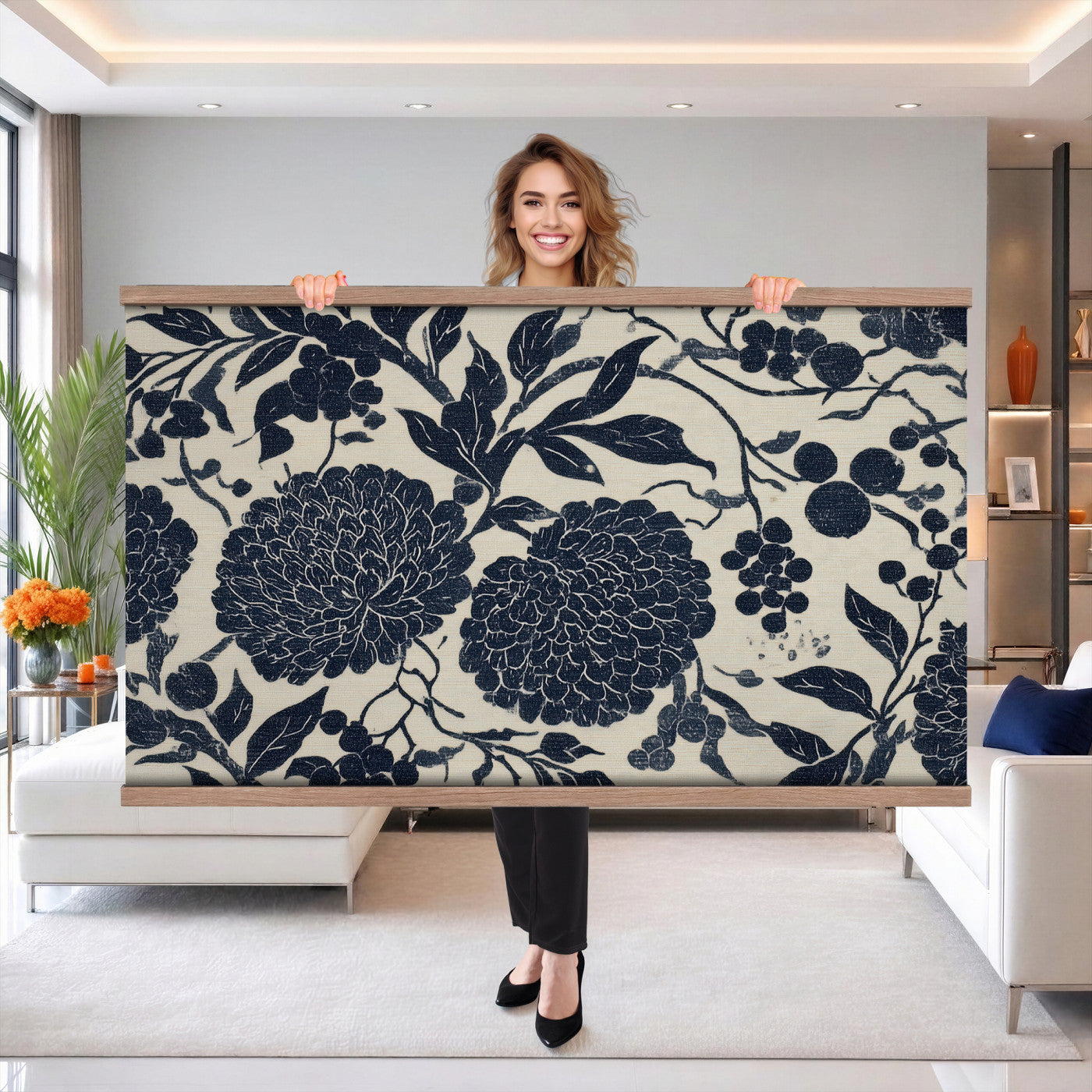 42507419-MGV-TP-30X20 - Chinoiserie ink block print tapestry wall hanging of "Chinoiserie Peony and Chrysanthemum Panel", showing peonies and chrysanthemums layered across a soft grey field, drawn in muted black line in black and soft grey linework on a warm neutral ground. Extra large wall art, made in the USA.
