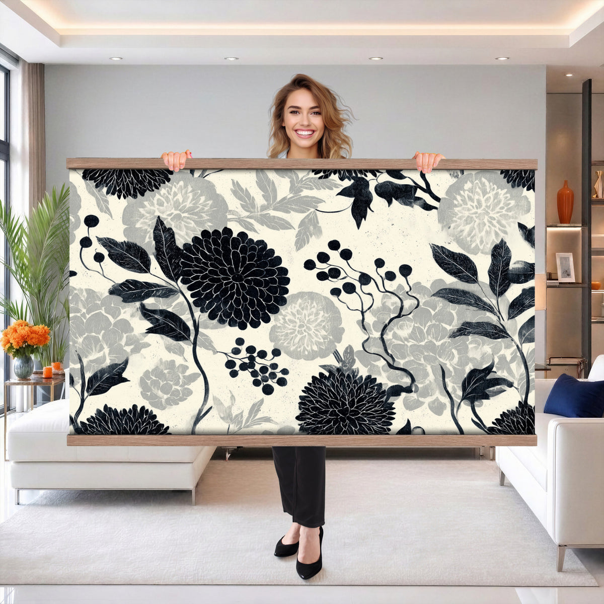 27269625-MGV-TP-30X20 - Chinoiserie ink block print tapestry wall hanging of "Chinoiserie Peony and Chrysanthemum Panel", showing peonies and chrysanthemums layered across a soft grey field, drawn in muted black line in black and soft grey linework on a warm neutral ground. Extra large wall art, made in the USA.