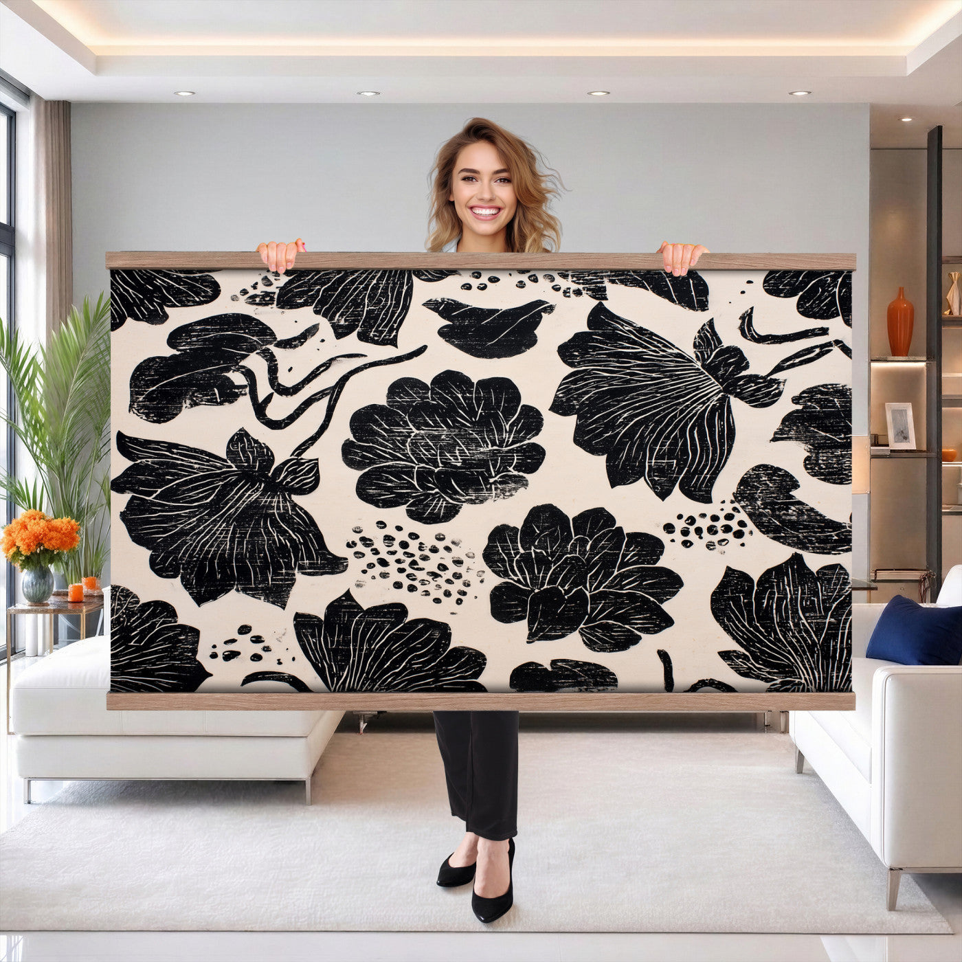 91793867-MGV-TP-30X20 - Chinoiserie ink block print tapestry wall hanging of "Chinoiserie Lotus Panel", showing open lotus flowers and broad water lily pads rising on tall stems, cut in bold black and white in deep black lotus linework on a soft white ground. Extra large wall art, made in the USA.