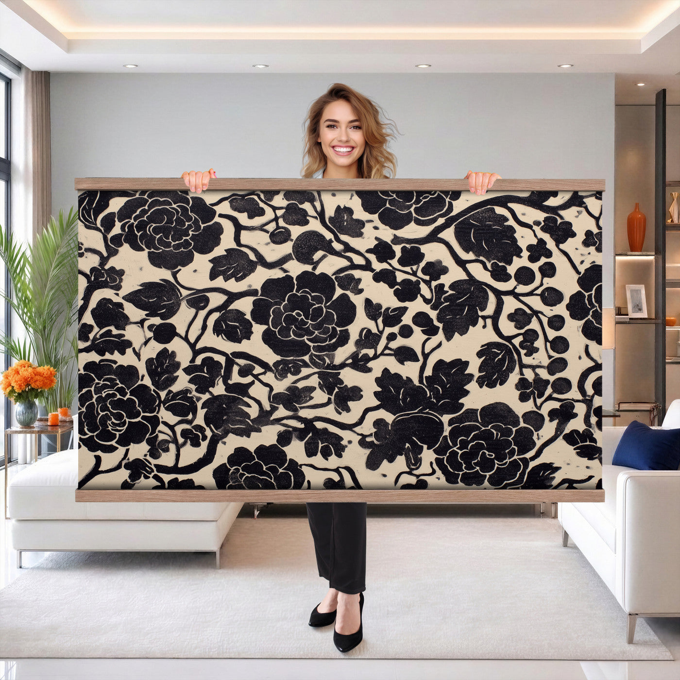 18660803-MGV-TP-30X20 - Chinoiserie ink block print tapestry wall hanging of "Chinoiserie Peony Panel", showing full peony blooms, curling stems and layered leaf work drawn in fine black line on a pale ground in deep black linework on a soft white ground. Extra large wall art, made in the USA.