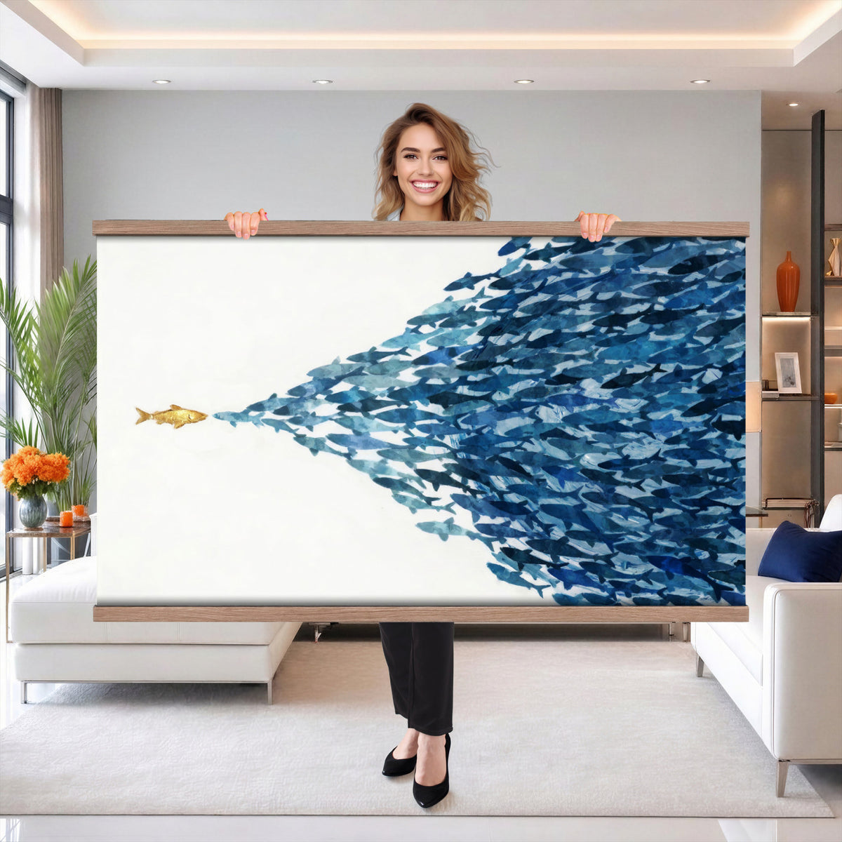 79089639TT-MGV-TP-30X20 - Abstract Blue Fish School Canvas Wall Art, Gold Foil Accent Marine Print