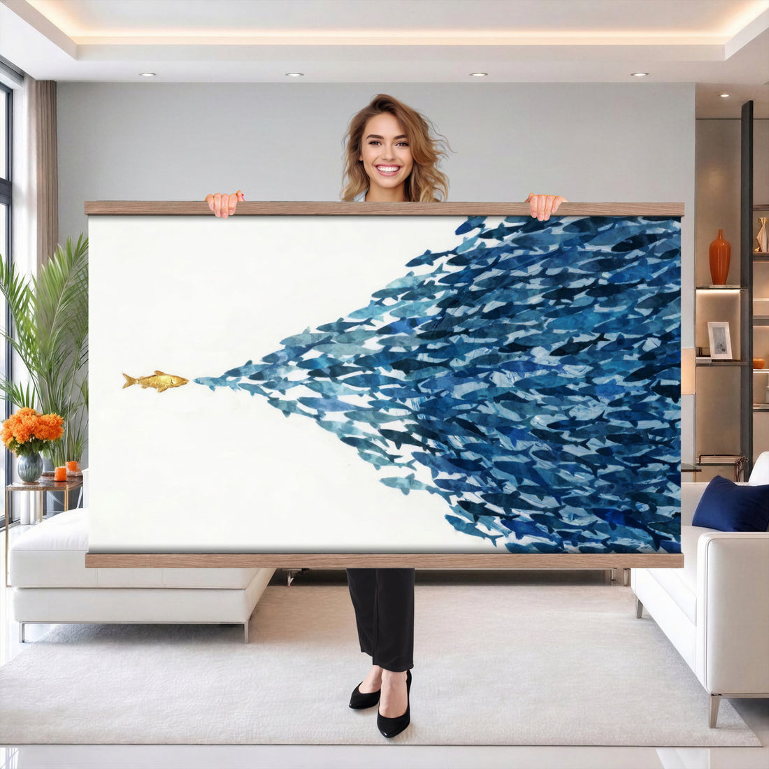 Abstract Blue Fish School Canvas Wall Art, Gold Foil Accent Marine Print