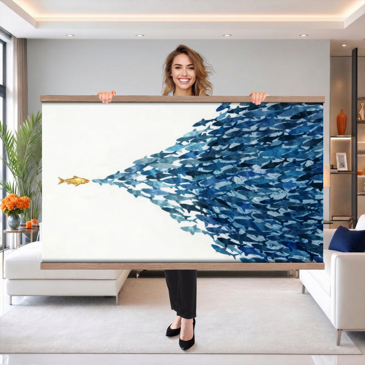 79089639TT-MGV-TP-30X20 - Abstract Blue Fish School Canvas Wall Art, Gold Foil Accent Marine Print
