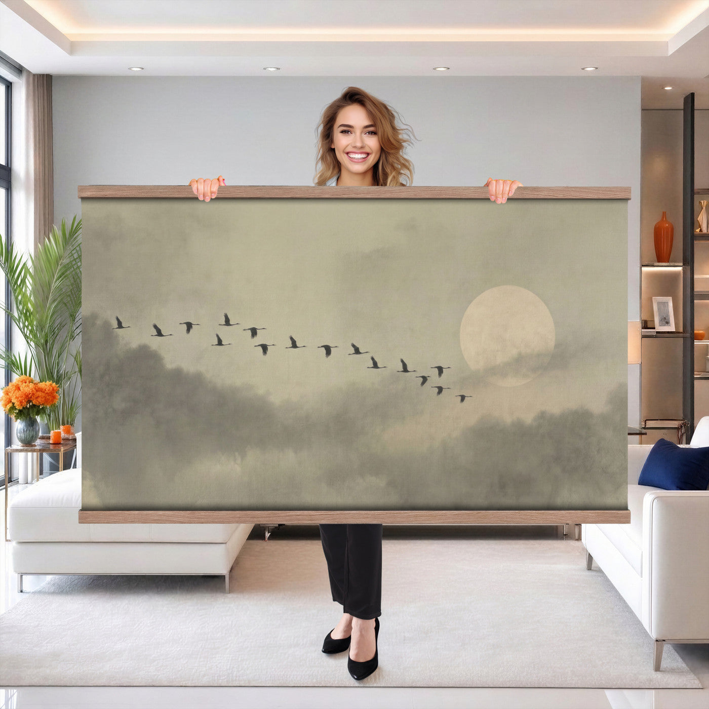 1209814BT-MGV-TP-30X20 - Flying Cranes Tapestry Wall Art, Misty Landscape with Moon, Sage Green Japandi Decor, Framed Print