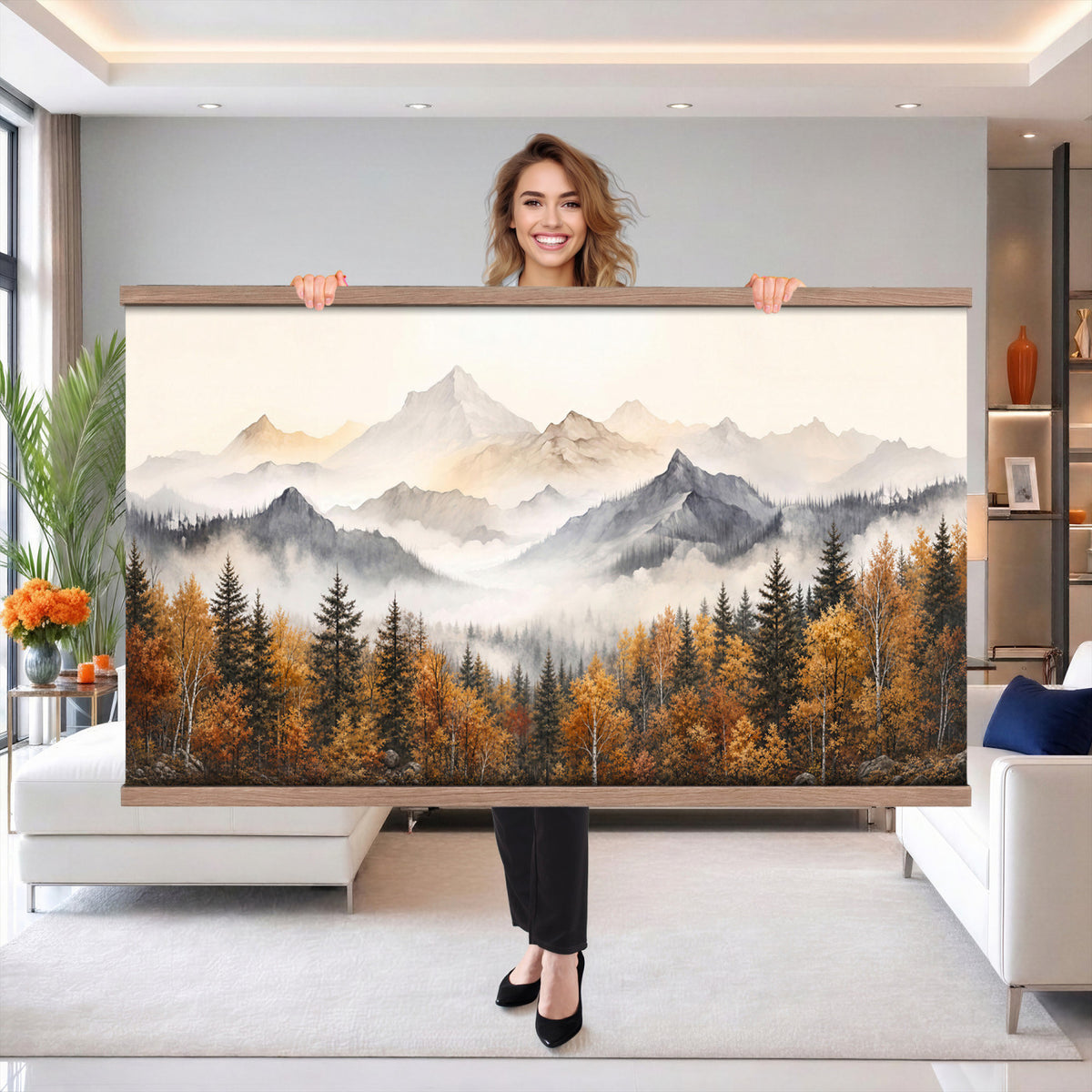 19544118-MGV-TP-30X20 - Misty Mountain Autumn Forest Canvas Wall Art - Watercolor Fall Nature Landscape Print
