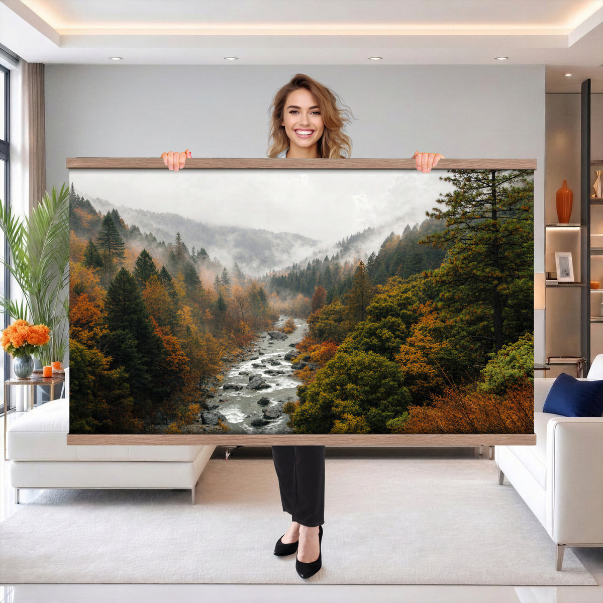 95540697-MGV-TP-30X20 - Misty River Mountain Valley Canvas Wall Art - Autumn Forest Landscape Nature Print