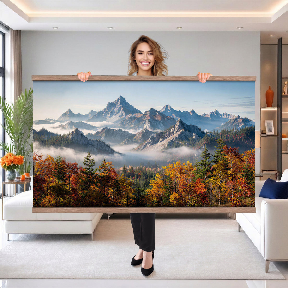 38847944-MGV-TP-30X20 - Majestic Mountain Peak Canvas Wall Art - Panoramic Autumn Forest Fog Landscape Print