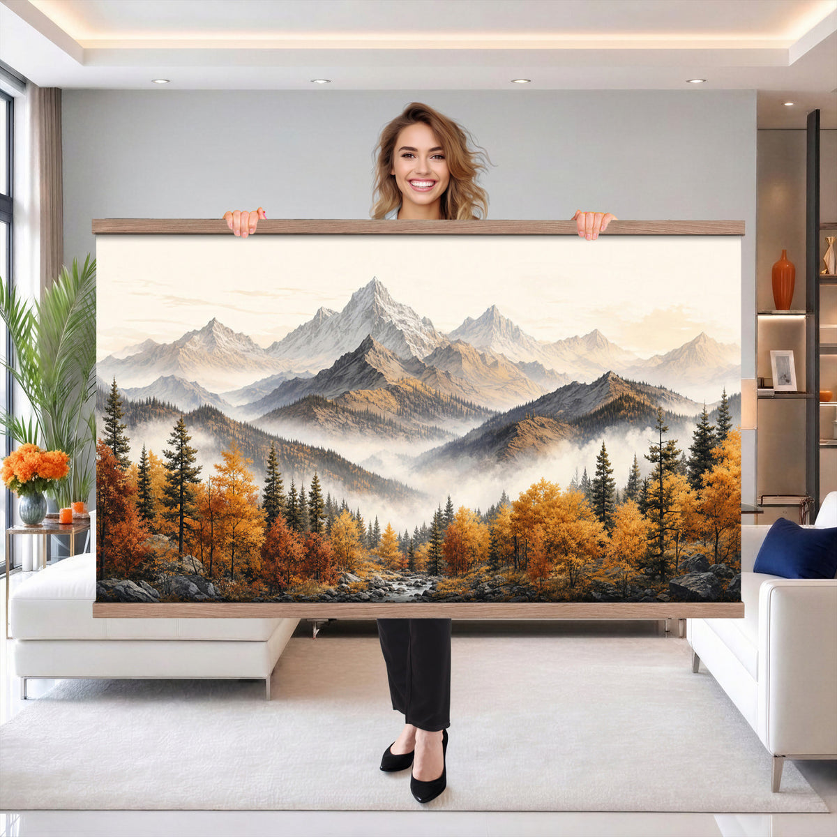 21309099-MGV-TP-30X20 - Extra Large Misty Mountain Autumn Forest Canvas Wall Art - Watercolor Fall Nature Landscape Print