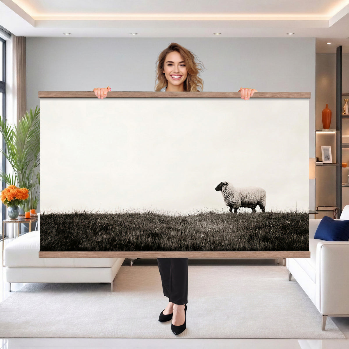 72749448-MGV-TP-30X20 - Minimalist Sepia Sheep Canvas Wall Art - Rustic Farmhouse Country Landscape Print