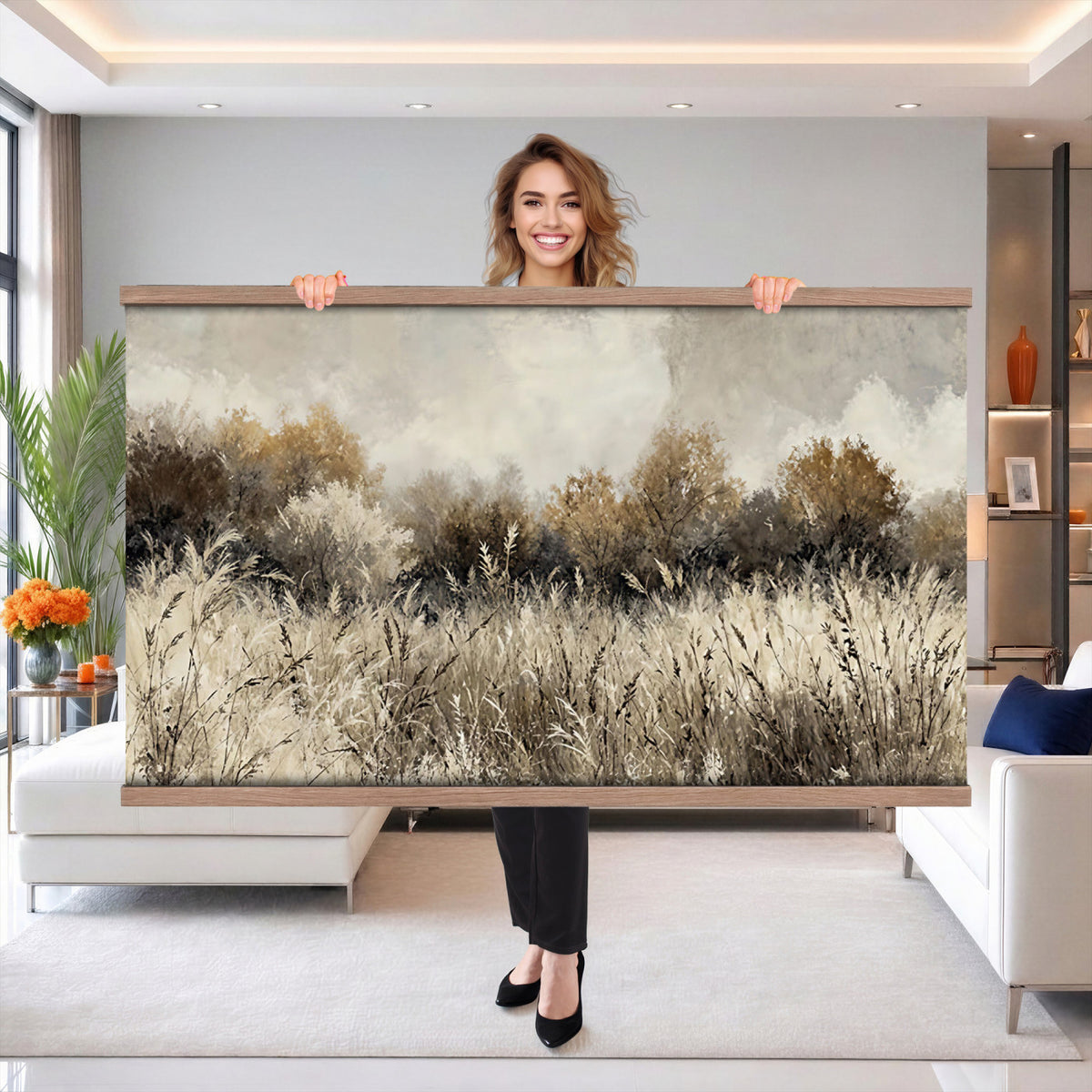 53959945-MGV-TP-30X20 - Muted Neutral Forest Landscape Canvas Wall Art - Vintage Rustic Wildflower Meadow Print