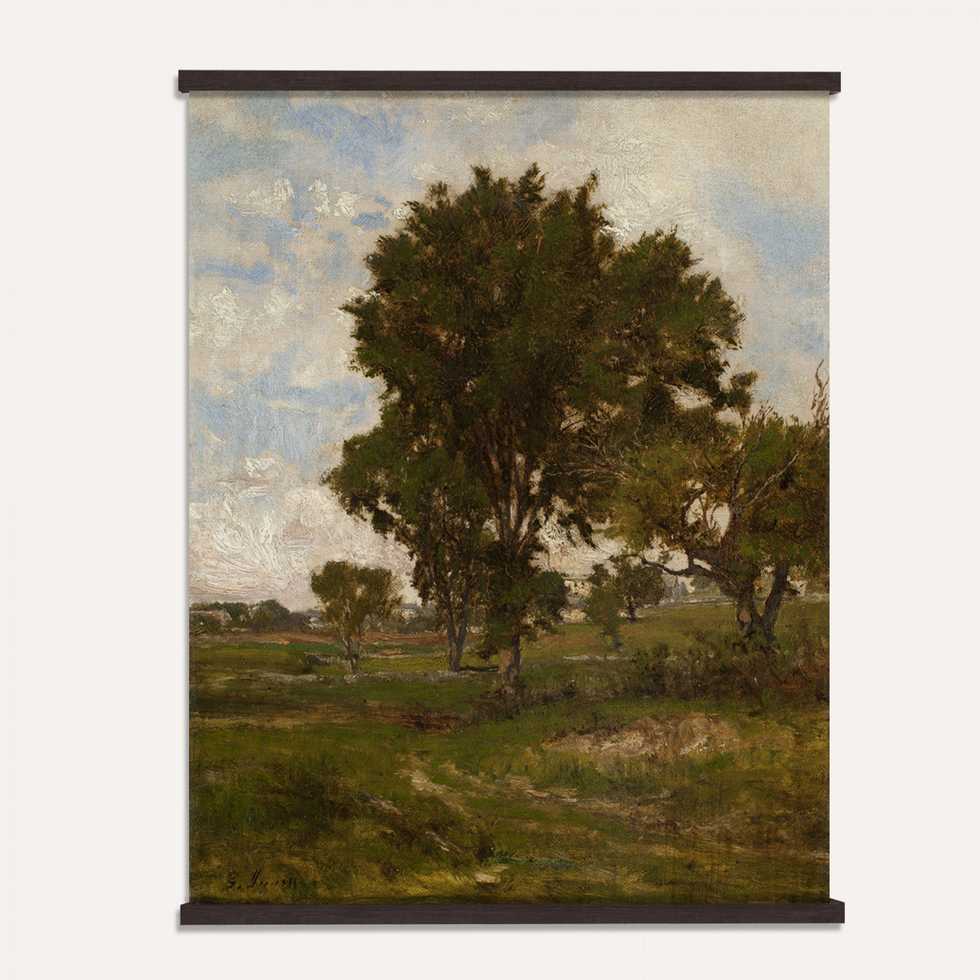 96279232-MGV-TP-24X36 - Realism oil study tapestry wall hanging of "Pine Tree Study" by Ivan Shishkin, showing a single towering pine studied in close detail, with heavy needled branches and rough bark against open forest light in deep evergreen needles and warm red-brown bark under soft daylight. Extra large wall art, made in the USA.