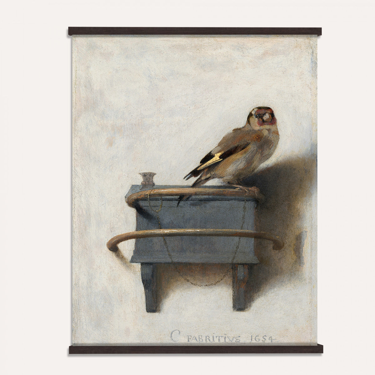 88453247-MGV-TP-24X36 - Dutch Golden Age oil painting tapestry wall hanging of "The Goldfinch" by Carel Fabritius, showing a small goldfinch chained to its feeder box, painted against a pale sunlit wall in famous trompe l'oeil detail in warm gold and black bird plumage against a pale cream sunlit wall. Extra large wall art, made in the USA.