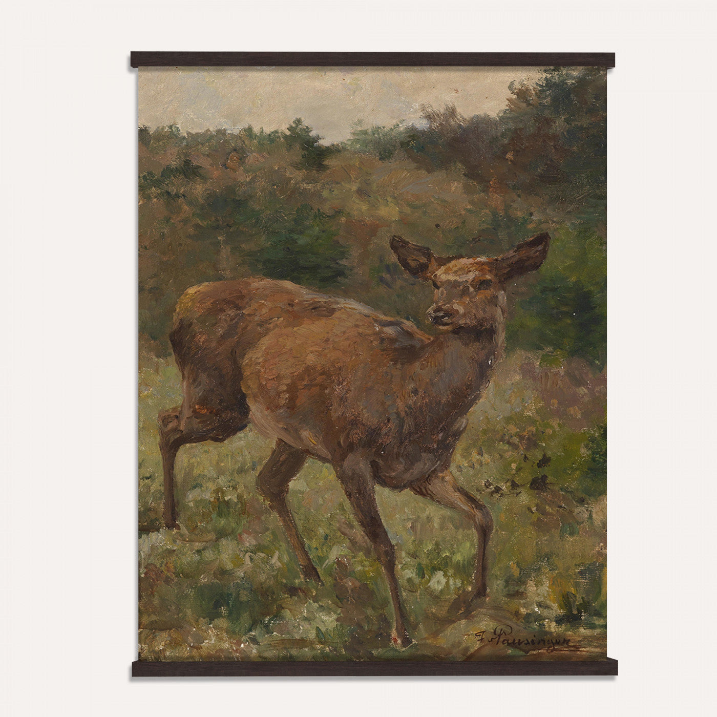 33154634-MGV-TP-24X36 - Realism oil painting tapestry wall hanging of "Rotwild" by Franz Xaver von Pausinger, showing a herd of red deer resting in a quiet clearing, tall grasses, and dark forest edges fading into soft light in warm russet deer coats against deep forest green and golden grass. Extra large wall art, made in the USA.