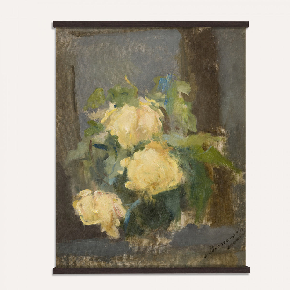 61165615-MGV-TP-24X36 - Impressionism oil painting tapestry wall hanging of "Golden Roses" by Olga Boznanska, showing a loose bunch of golden yellow roses in a glass vase, painted with soft dissolving edges against a warm ground in warm golden-yellow rose petals against a soft muted brown background. Extra large wall art, made in the USA.